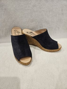Giamo Dark Navy Suede Wedge Mules Slides Made In Spain 36/  6 US